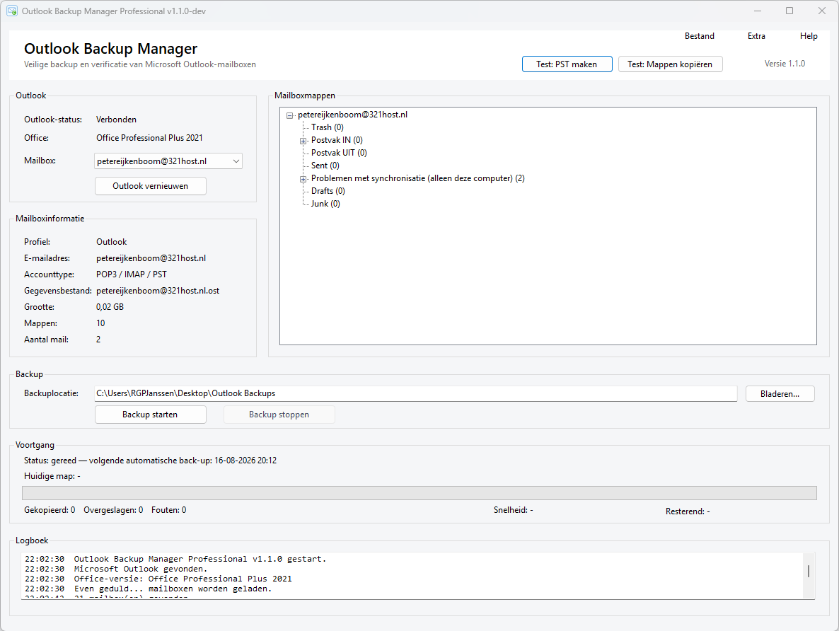 Voorbeeld van het Outlook Backup Manager-programmavenster
